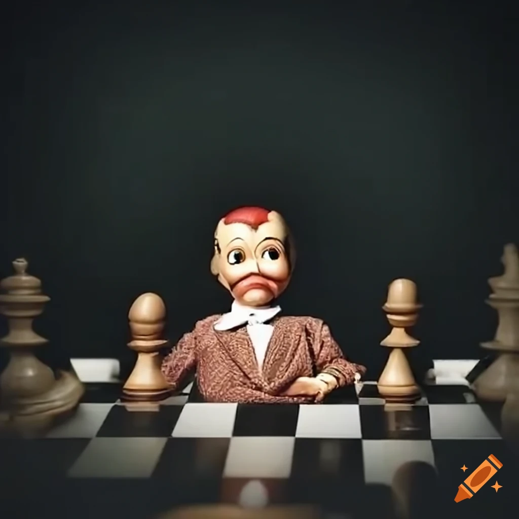 Ventriloquist dummy contemplating chess moves at a table on Craiyon