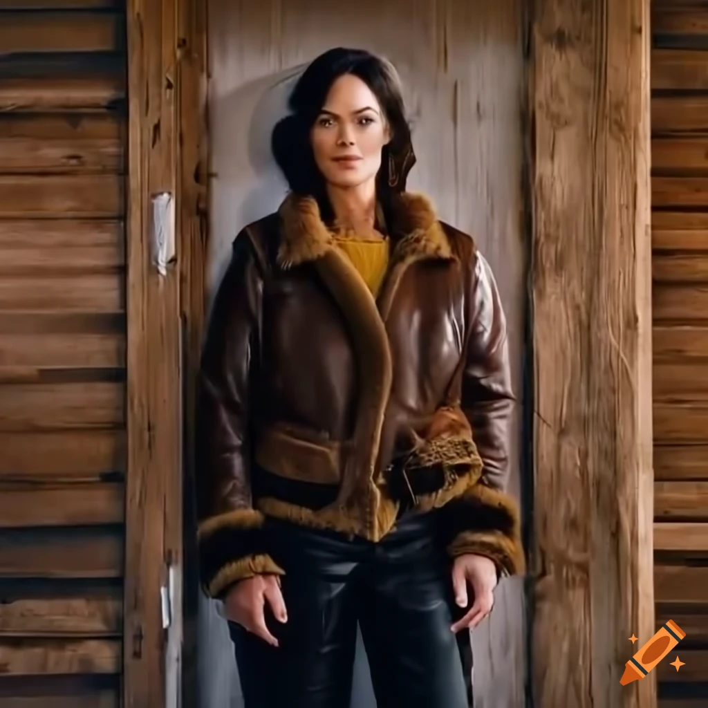 Young woman in sheepskin bomber jacket and black leather trousers standing in barn doorway