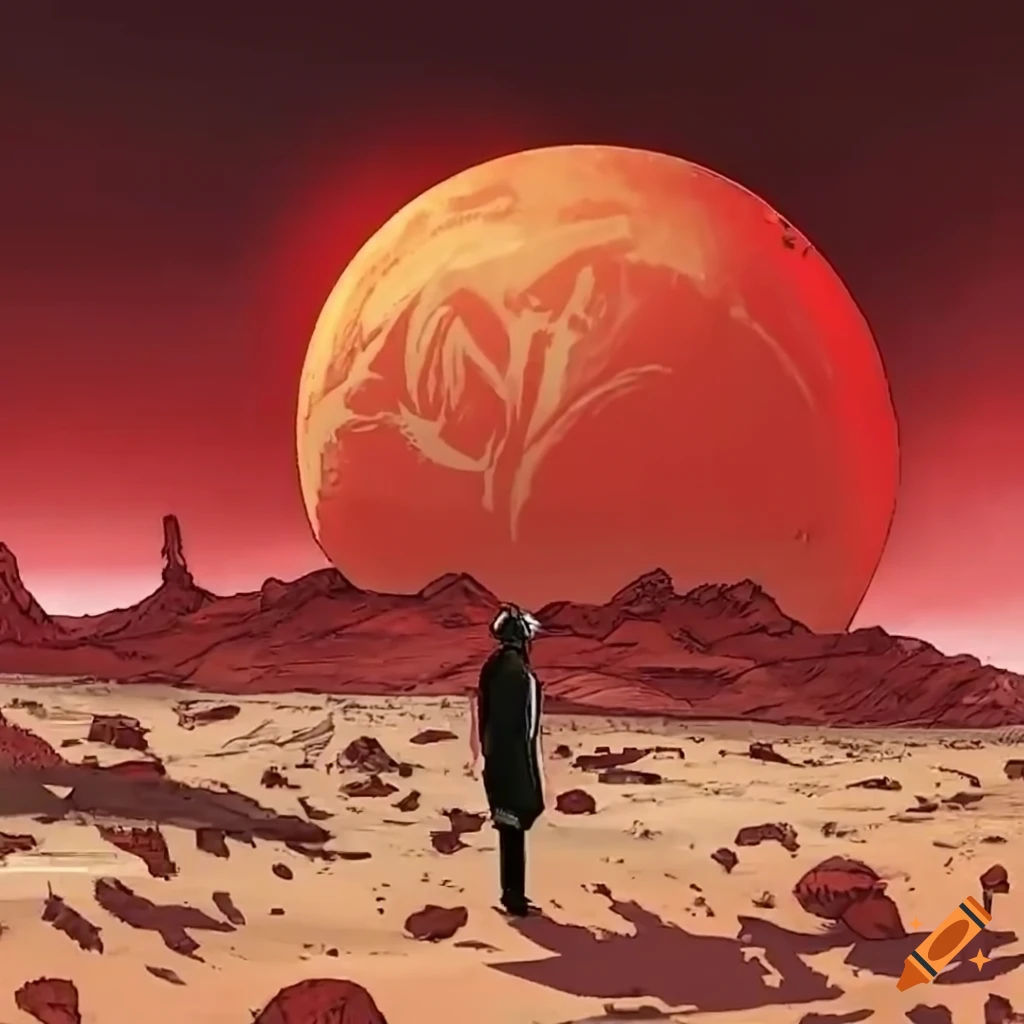 Man exploring a red alien mesa planet