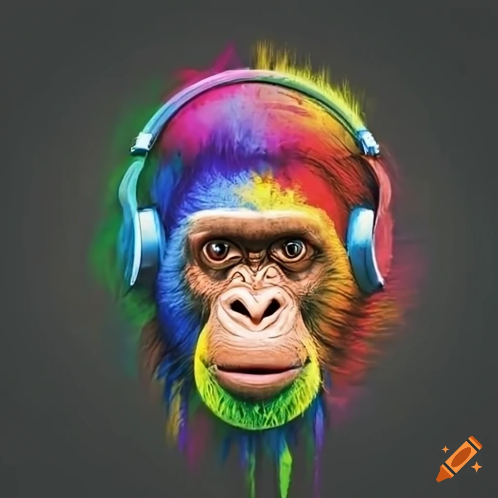 Happy chimp wearing rainbow-colored headphones
