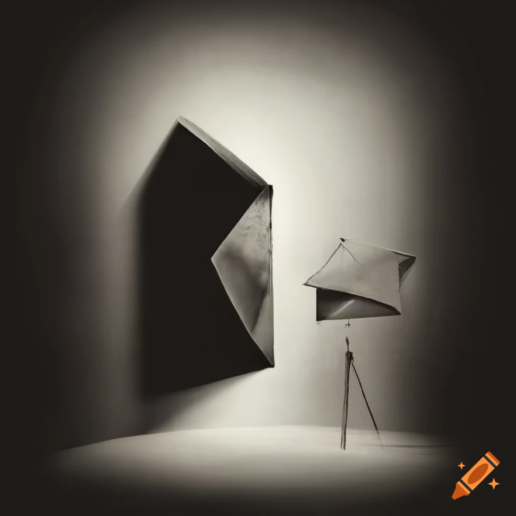 Retro 1950s surrealist art with rooms, windows, and strange forms against a sky backdrop