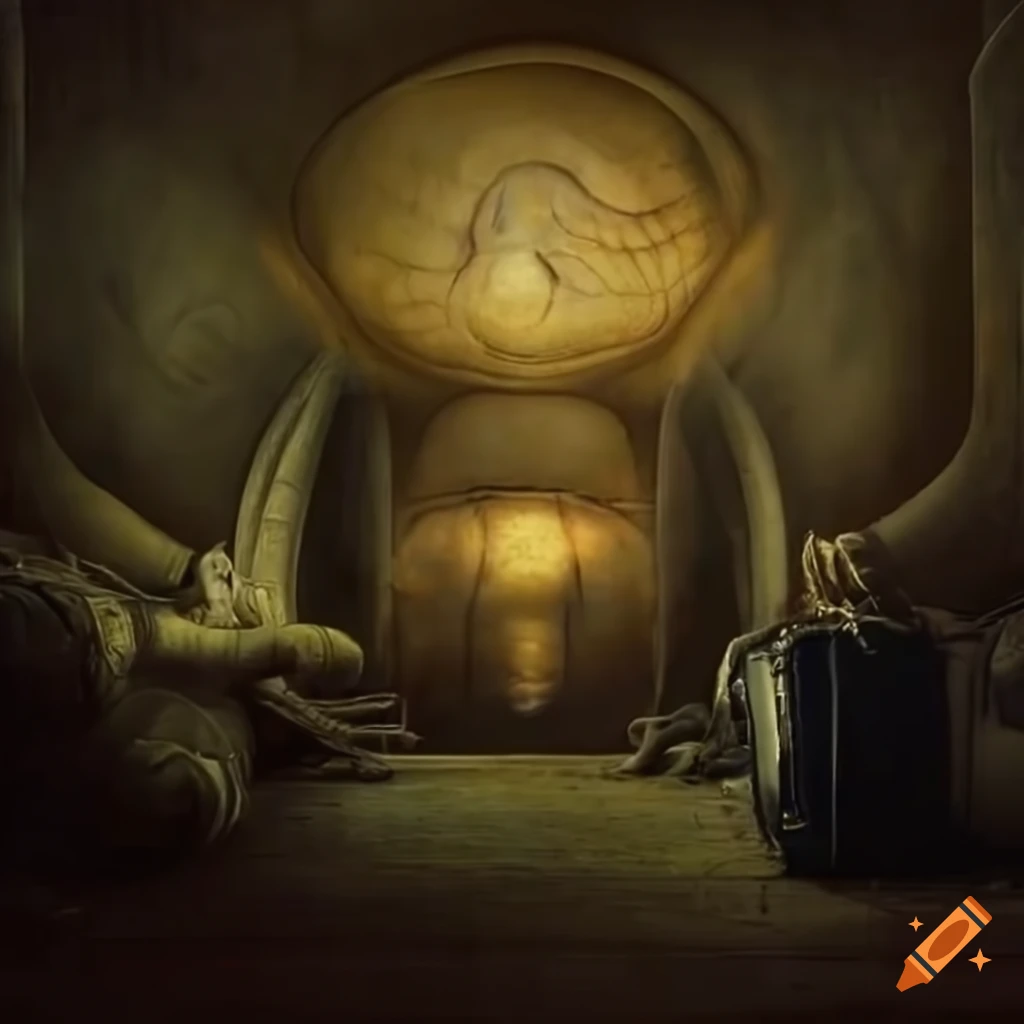 Interior of a haunted ultra-modern airport with astronaut getting luggage surrounded by wasp nests