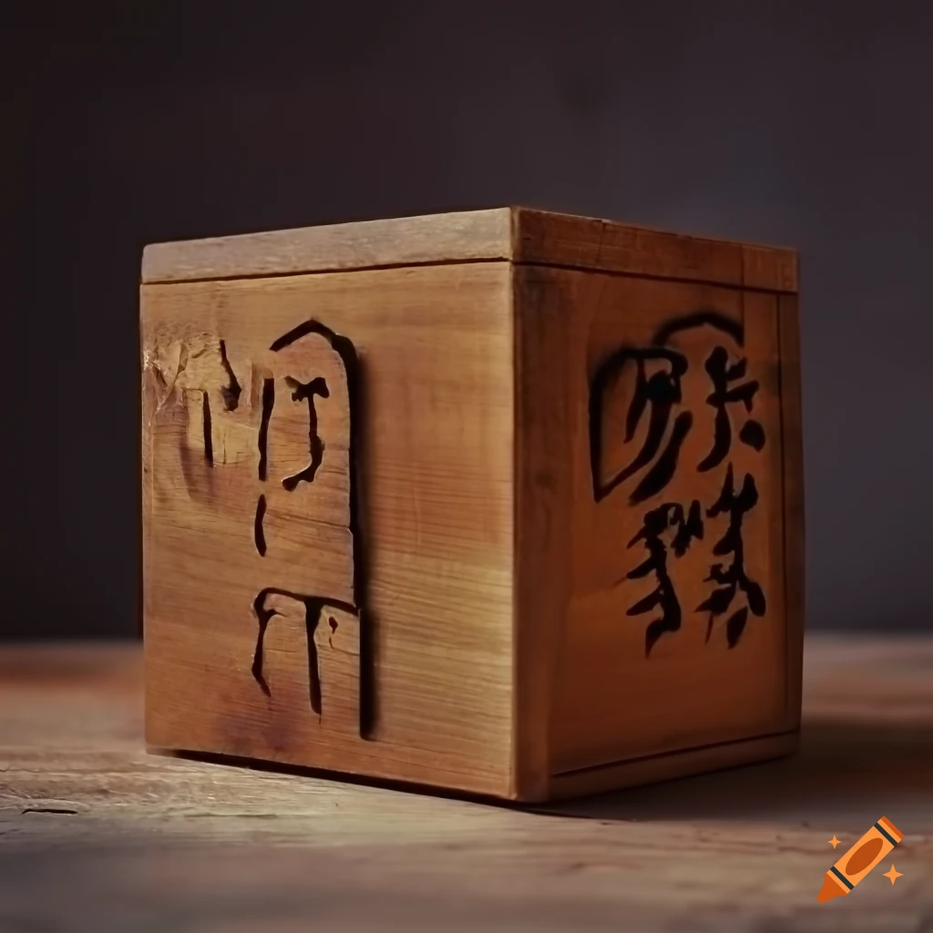 Box Script Japanese Vintage Japanese wooden storage box with kanji text on concrete ...