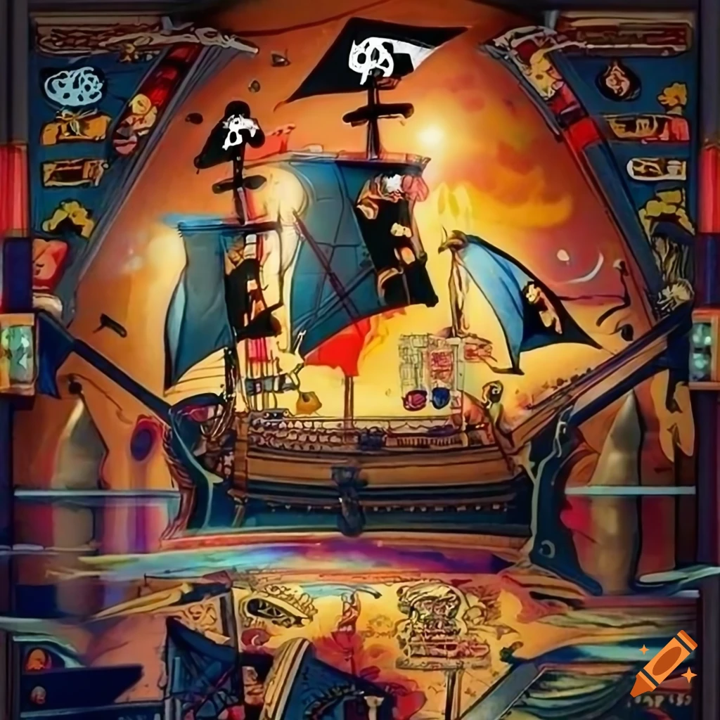 Authentic pirate ship with flags and cannons in pinball machine style