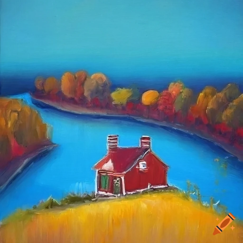 Small red wooden house by yellow trees near a pond and wheat fields on