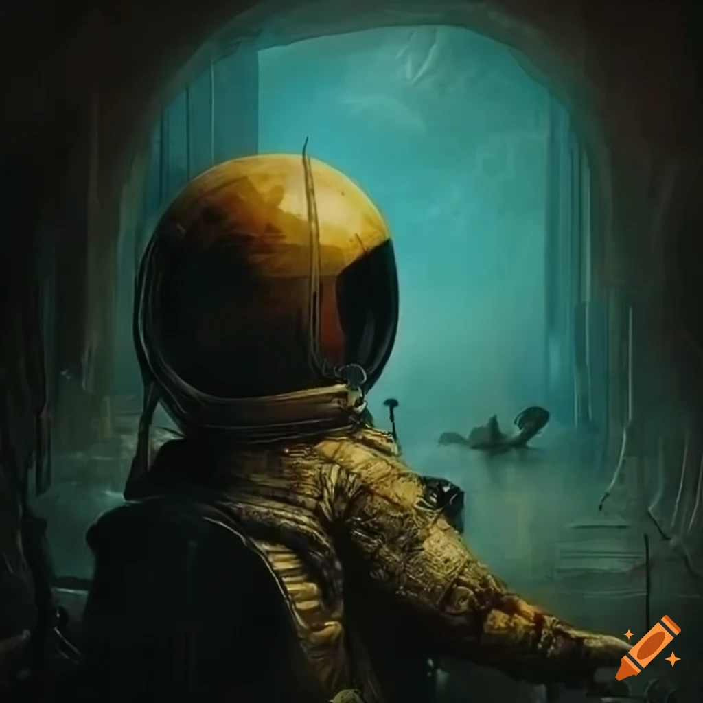 Haunted ultra-modern airport with astronaut at baggage claim surrounded by bodybags and wasp nests in ultra-realistic detail