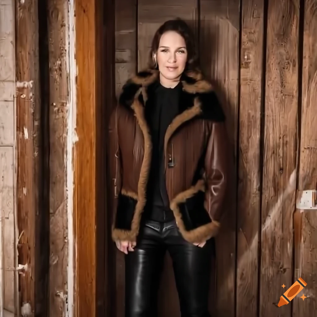 Young woman in brown sheepskin bomber jacket and black leather trousers standing in barn doorway