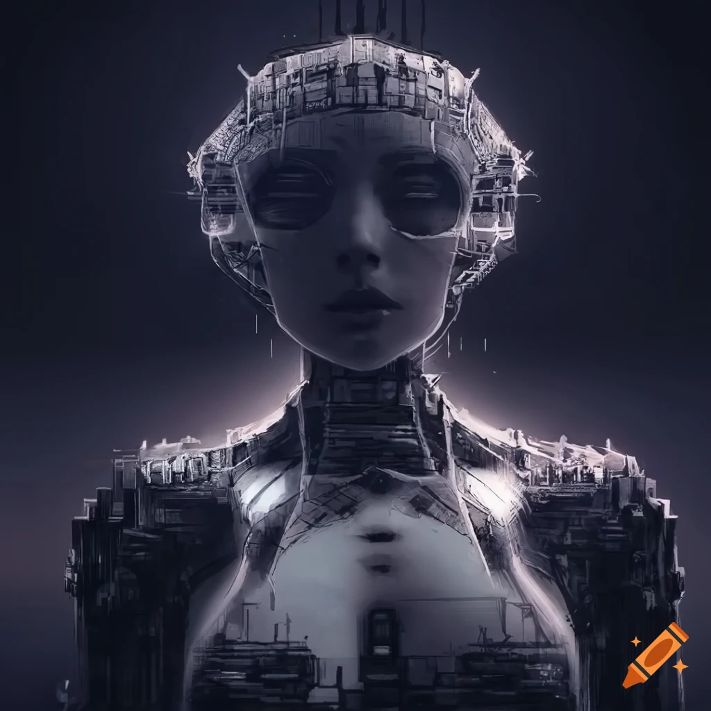 Intricate cybernetic construct in a sci-fi setting with a woman looking up