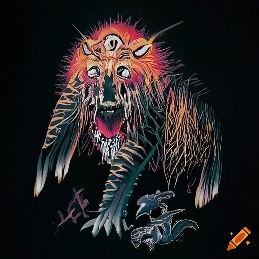 Serigraph combining Native Salish and Voodoo Loa motifs and designs with spirit animals and ghostly figures