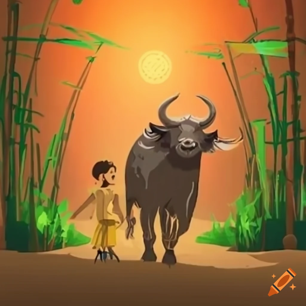 Bamboo forest with children leading a buffalo in medieval India style
