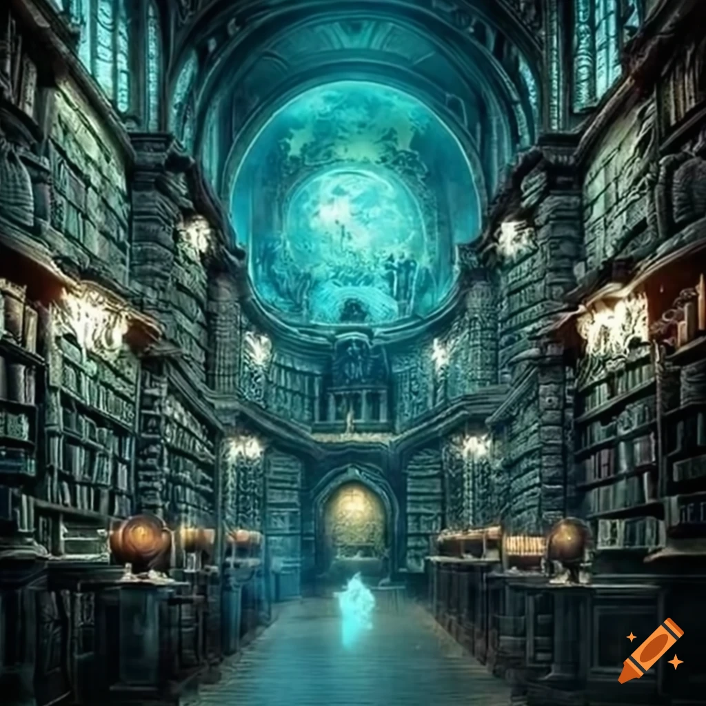 Otherworldly library filled with glowing magical books