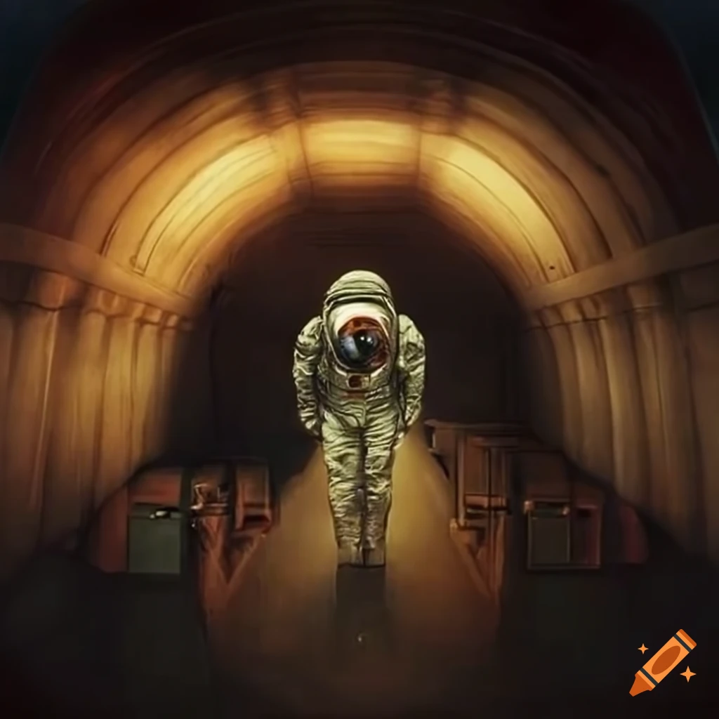 Interior of a haunted ultra-modern airport with astronaut getting luggage surrounded by wasp nests