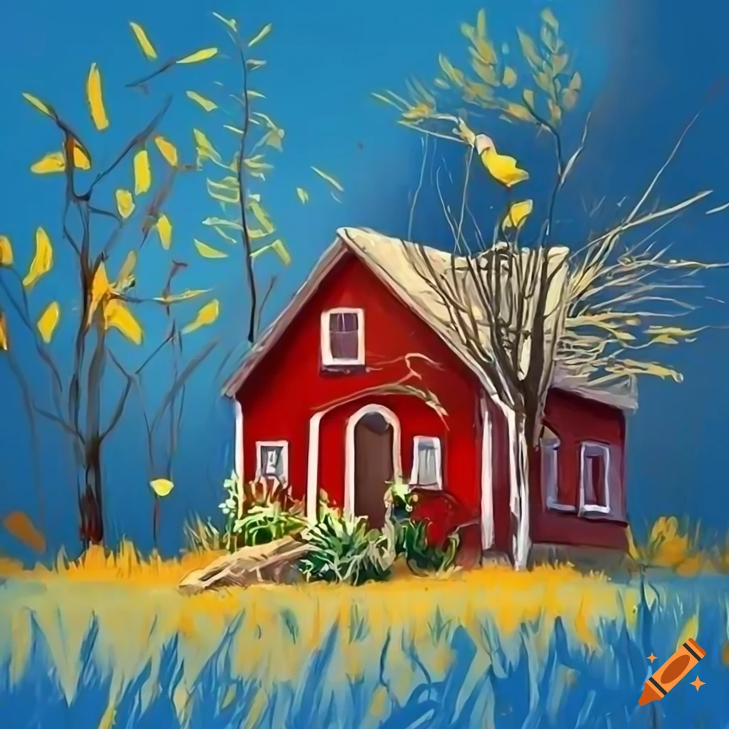 Red small house surrounded by yellow trees and wheat fields with blue