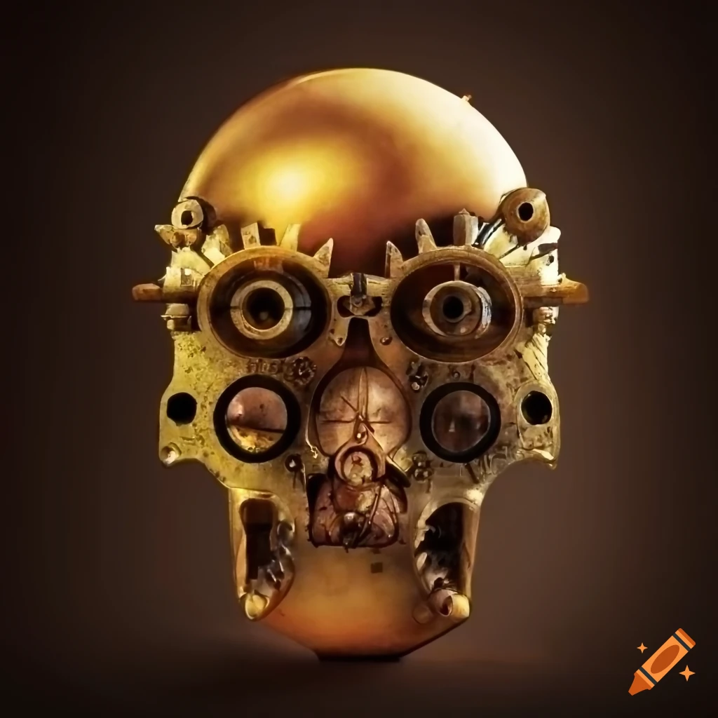 Retired engineer tinkering with a steampunk time machine under a hauntingly beautiful sky