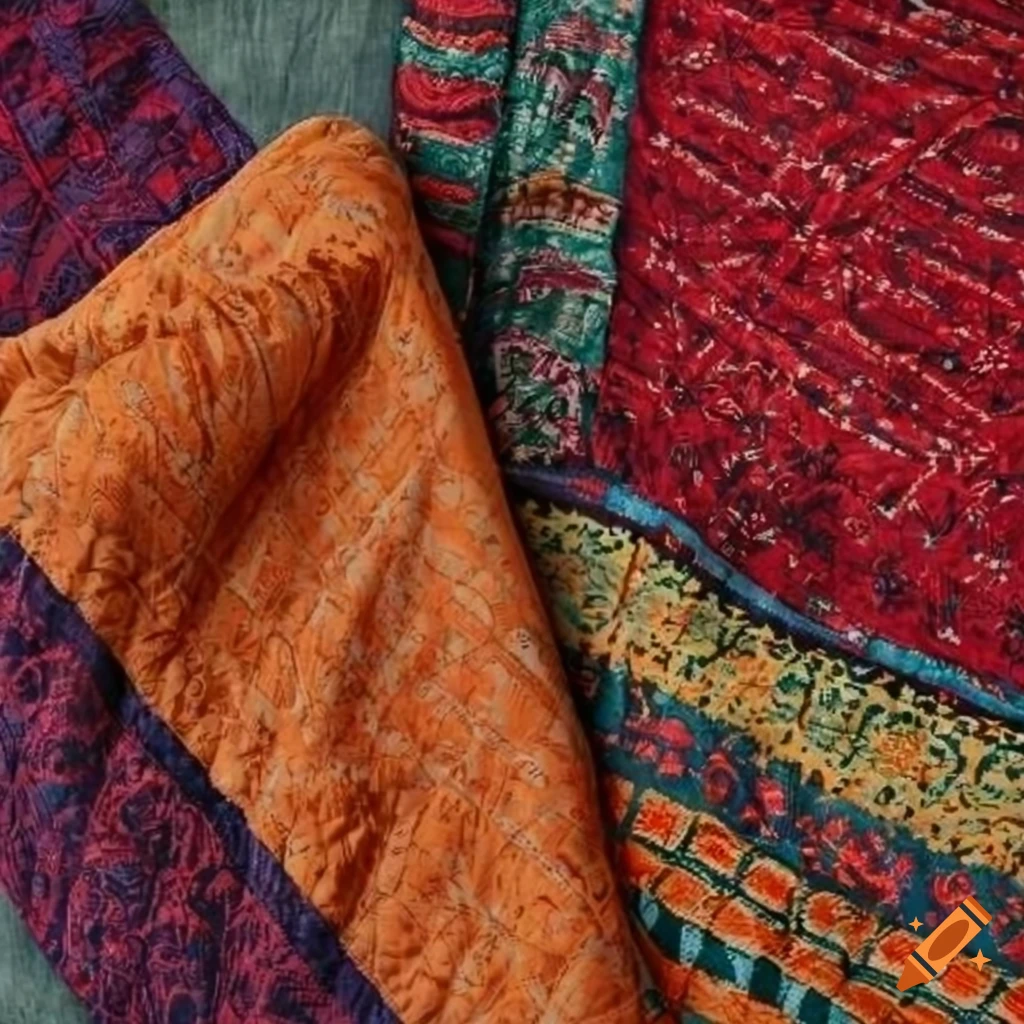 Colorful bohemian cotton blanket with Indian vintage kantha quilt on concrete background