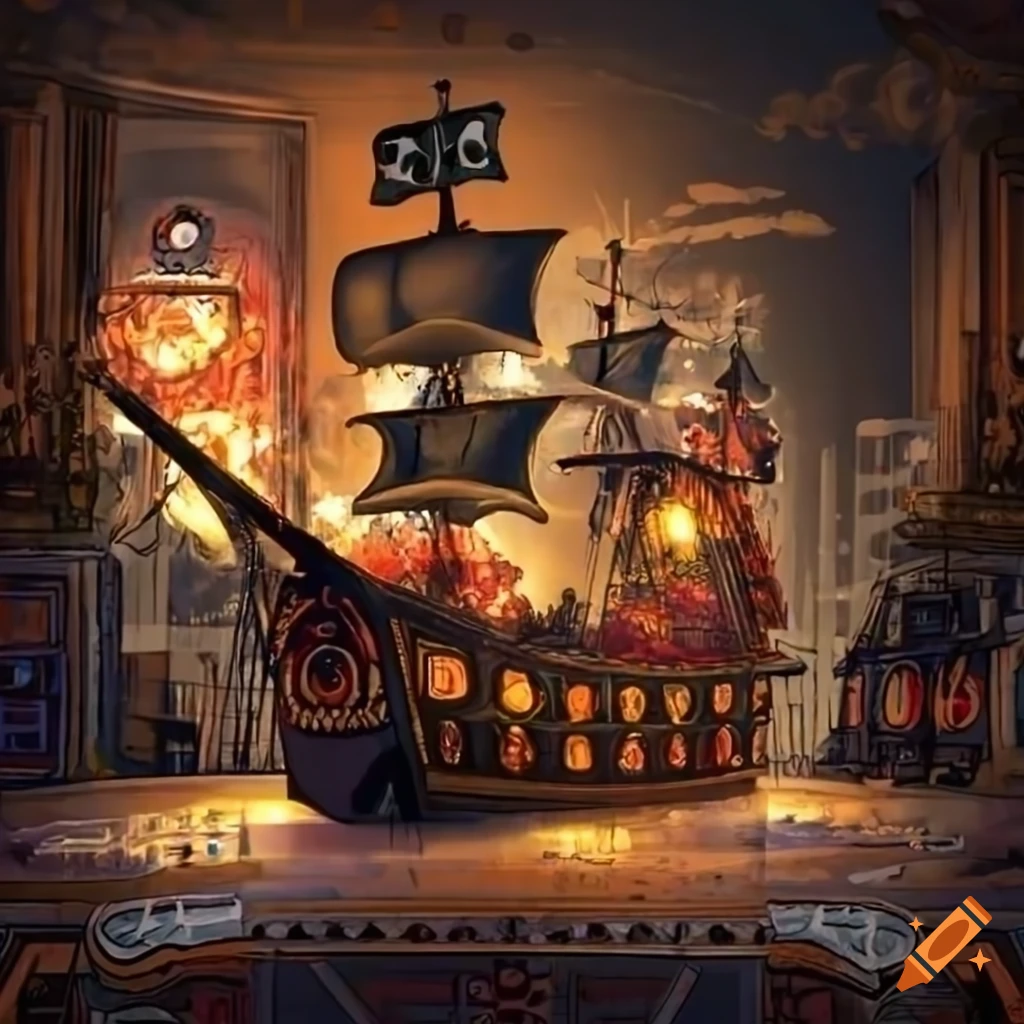 Detailed pirate ship in vintage pinball machine illumination