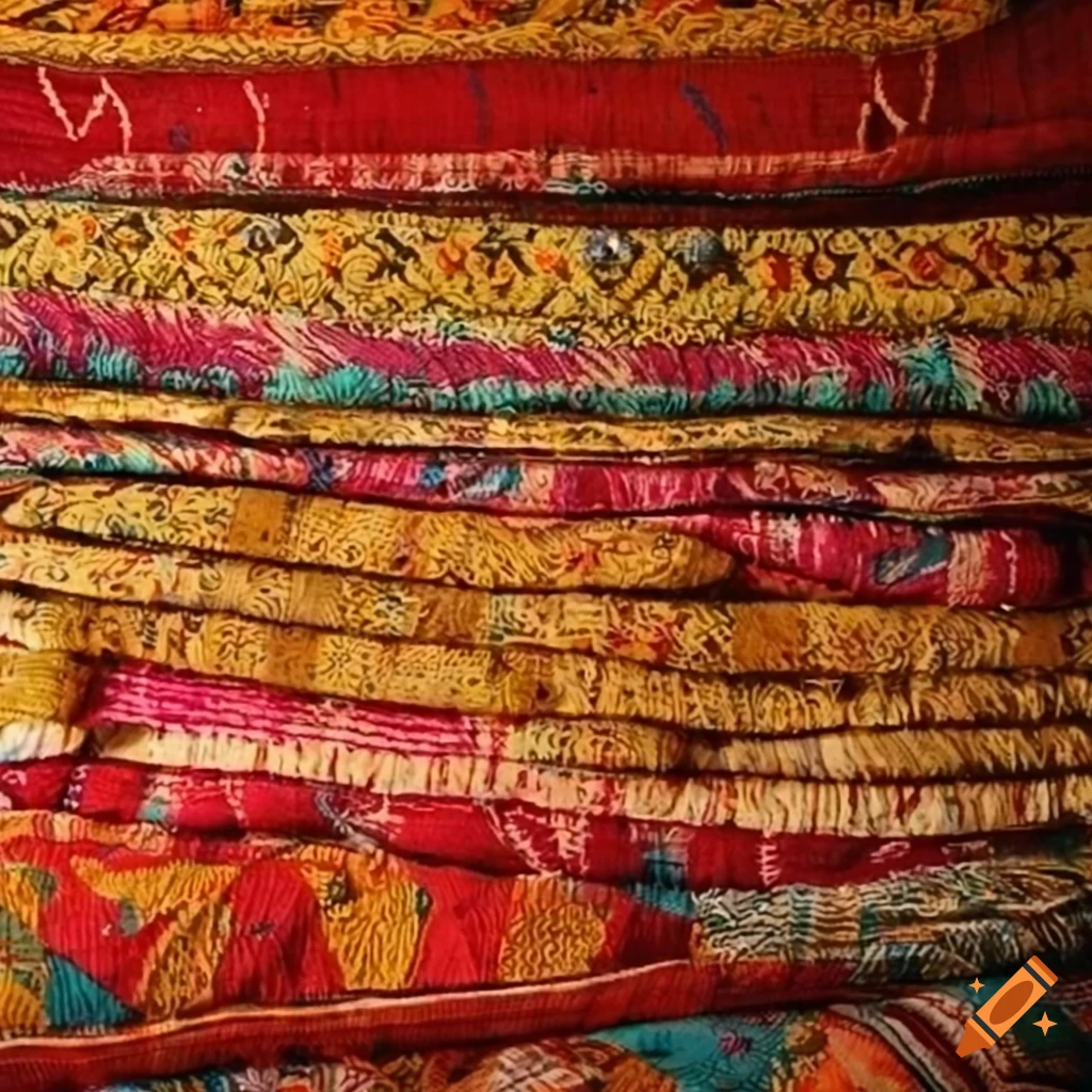 Indian vintage kantha quilt reversible bedspread cotton fabric bohemian design