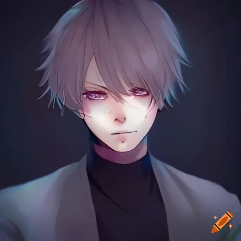Depressed male character with striking black eyes and sharp features in anime style