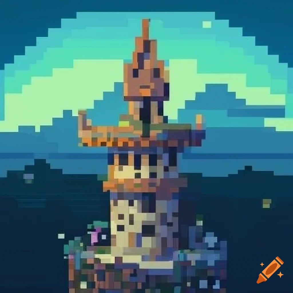 Contemporary pixel art of an epic mage tower with a rooftop garden and