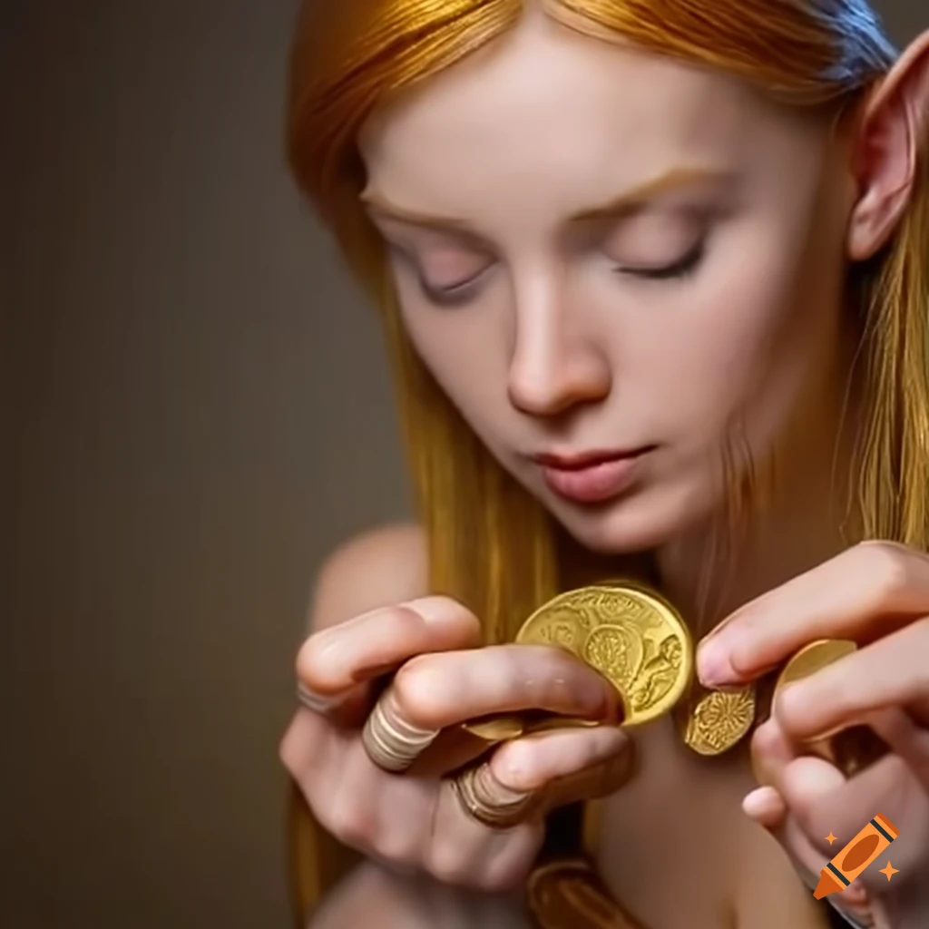 Female elf counting gold coins on craiyon