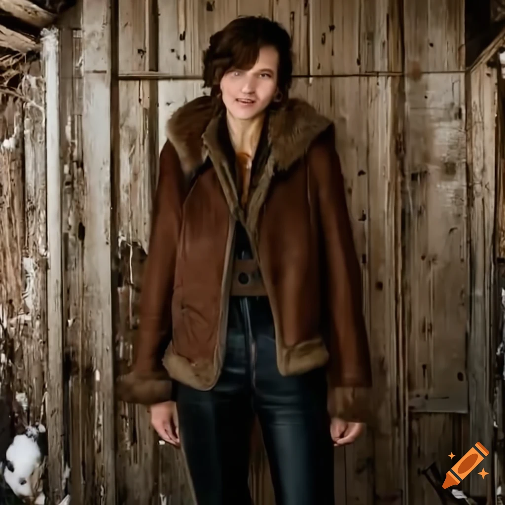 Actress maggie gyllenhaal lookalike in sheepskin bomber jacket standing