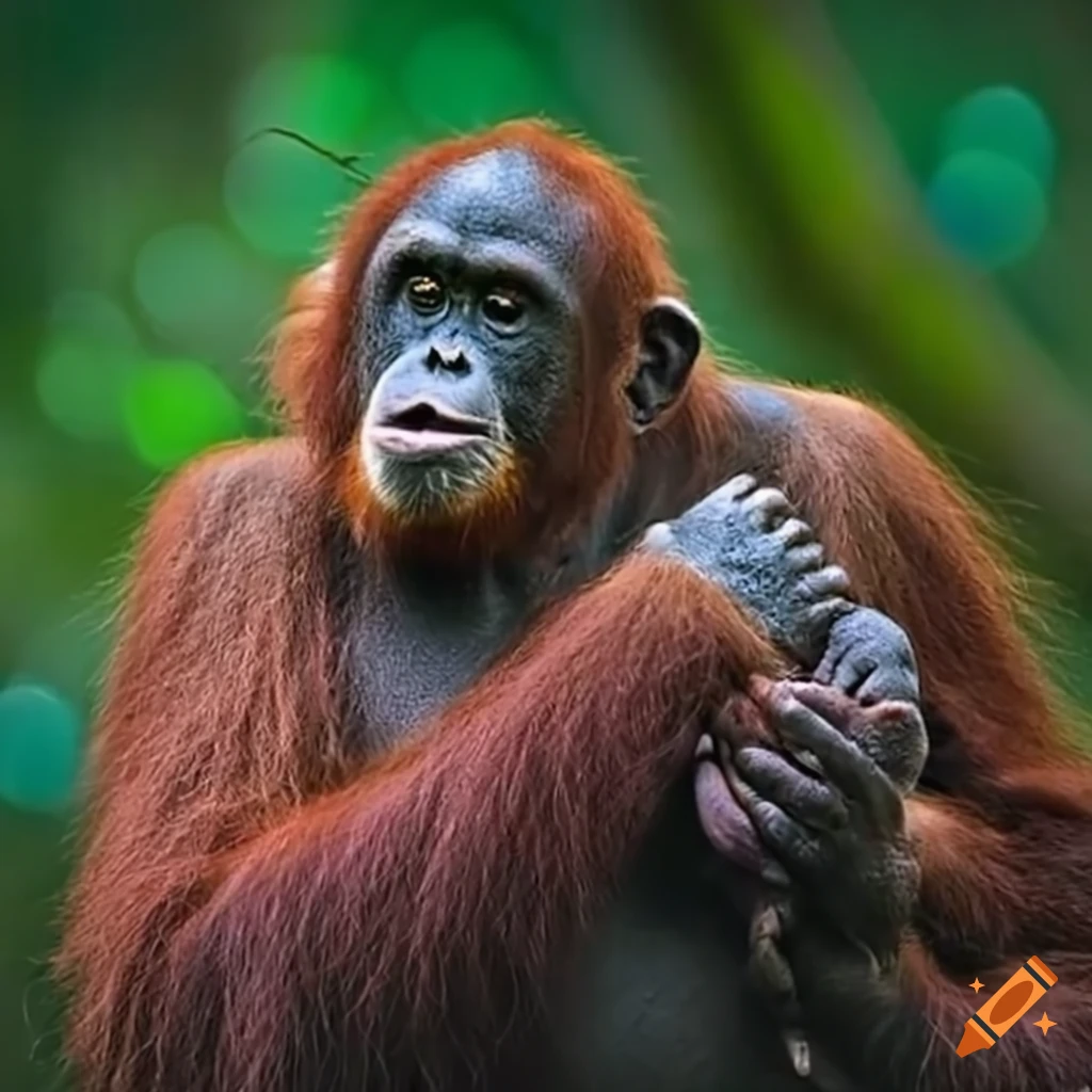 Rare mixture of orangutan and chimpanzee playing in natural habitat