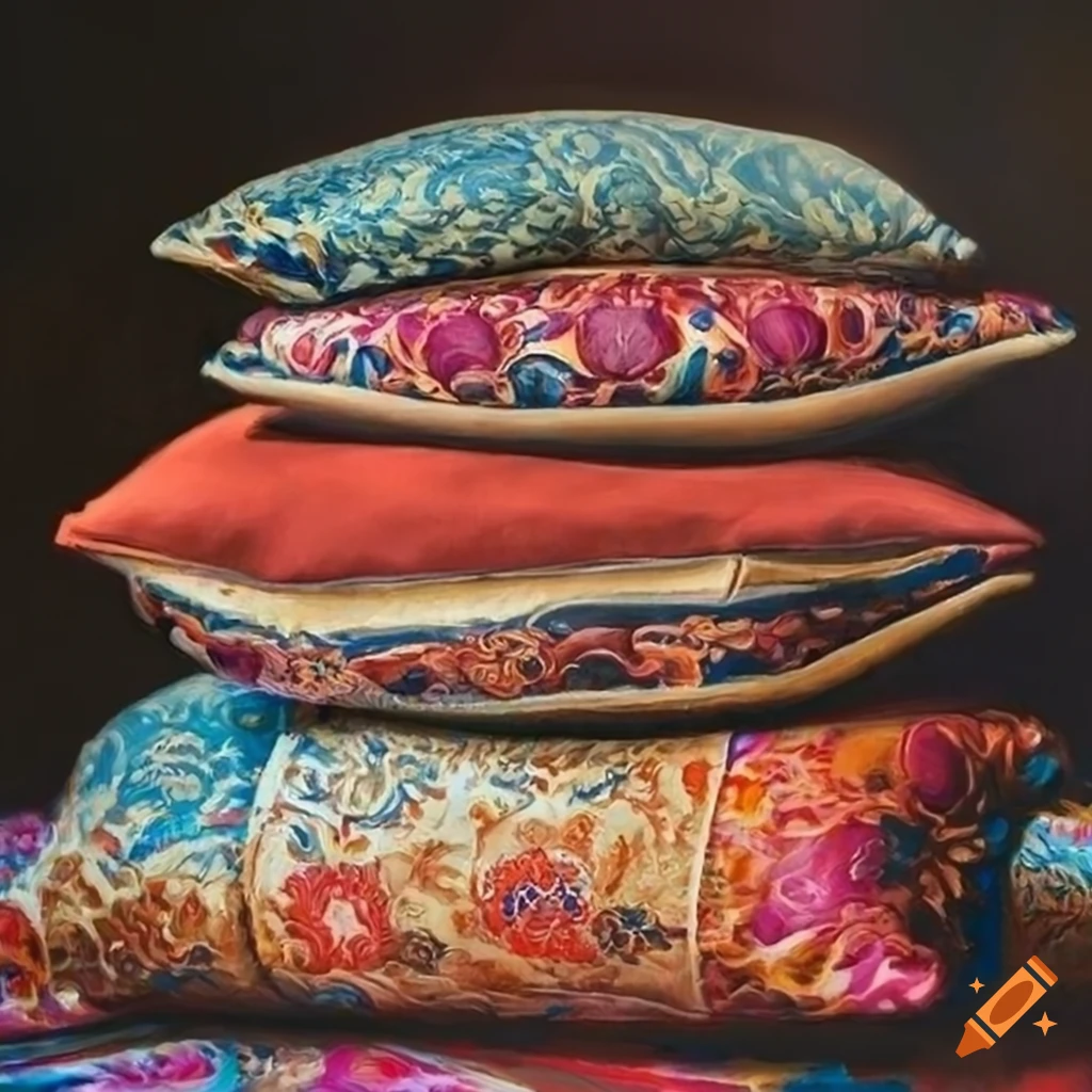Colorful stack of oriental pillows in photorealistic oil painting