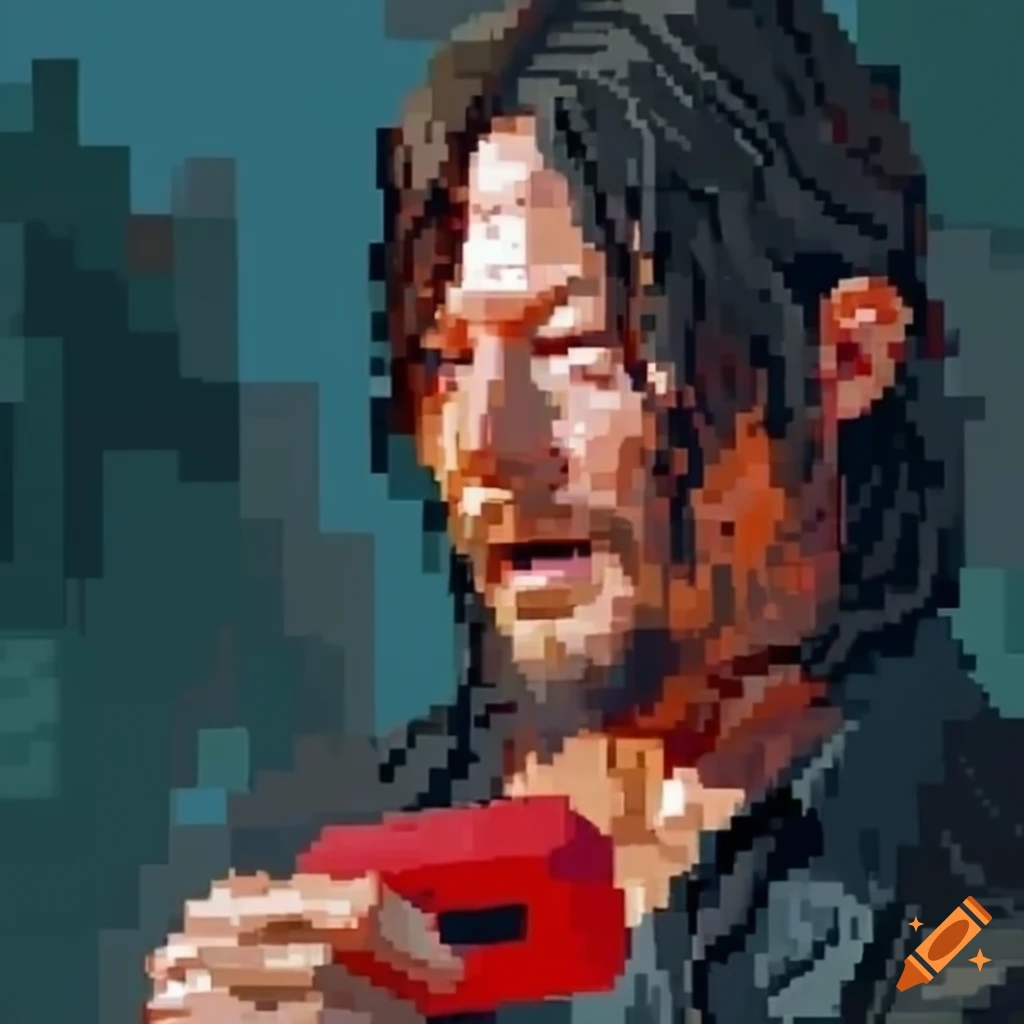 Daryl Dixon texting on a red phone pixel art oil painting