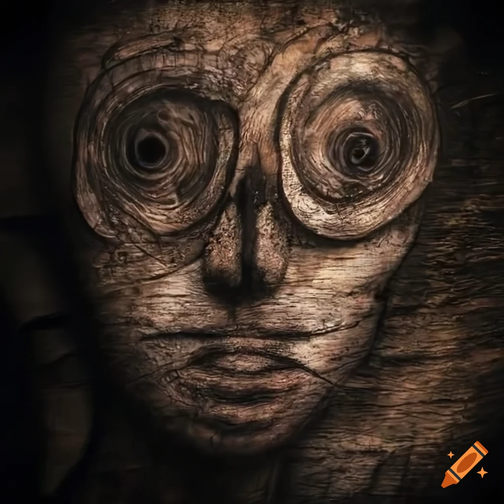 Abstract portrait of a mycelium creature on scratched wood canvas on ...
