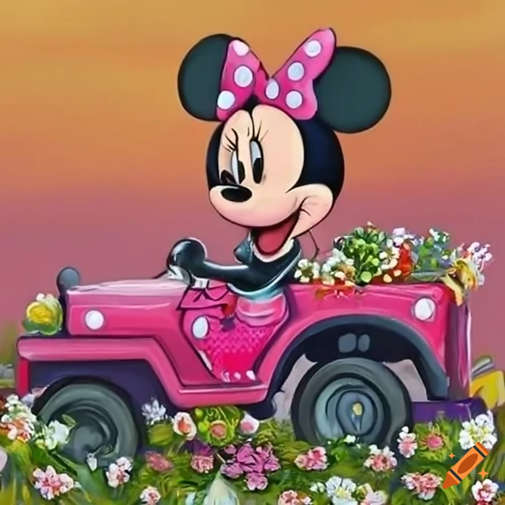 Minnie mouse jeep adorned with flowers on Craiyon