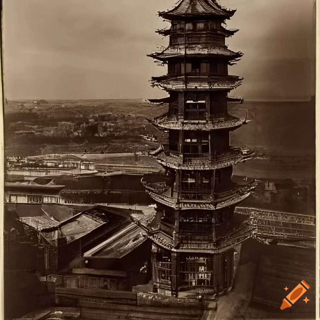 Observation deck of the mechanical pagoda transmission tower in Tropical Aberdeen, 1888