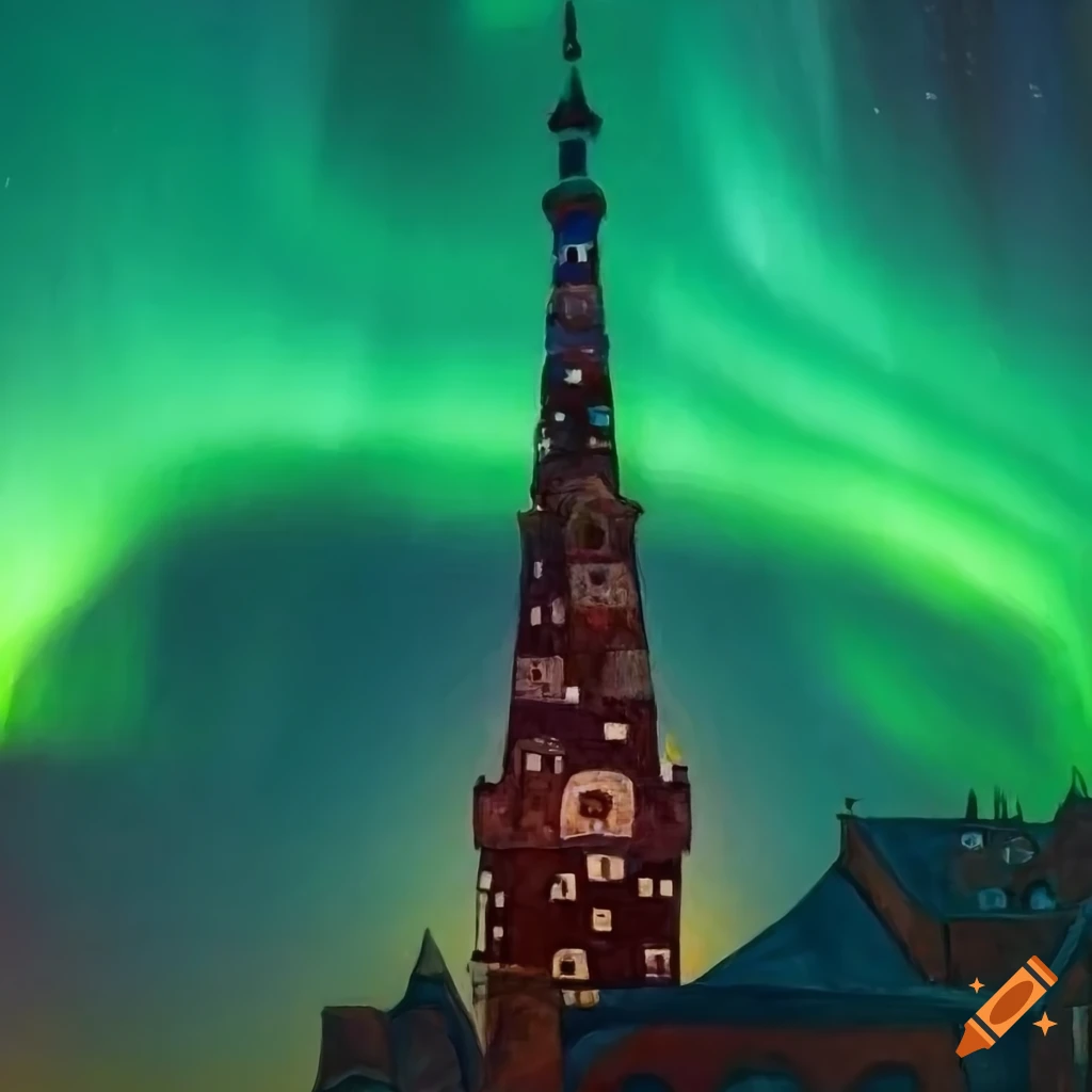Klimt-style painting of a tower against the aurora borealis sky