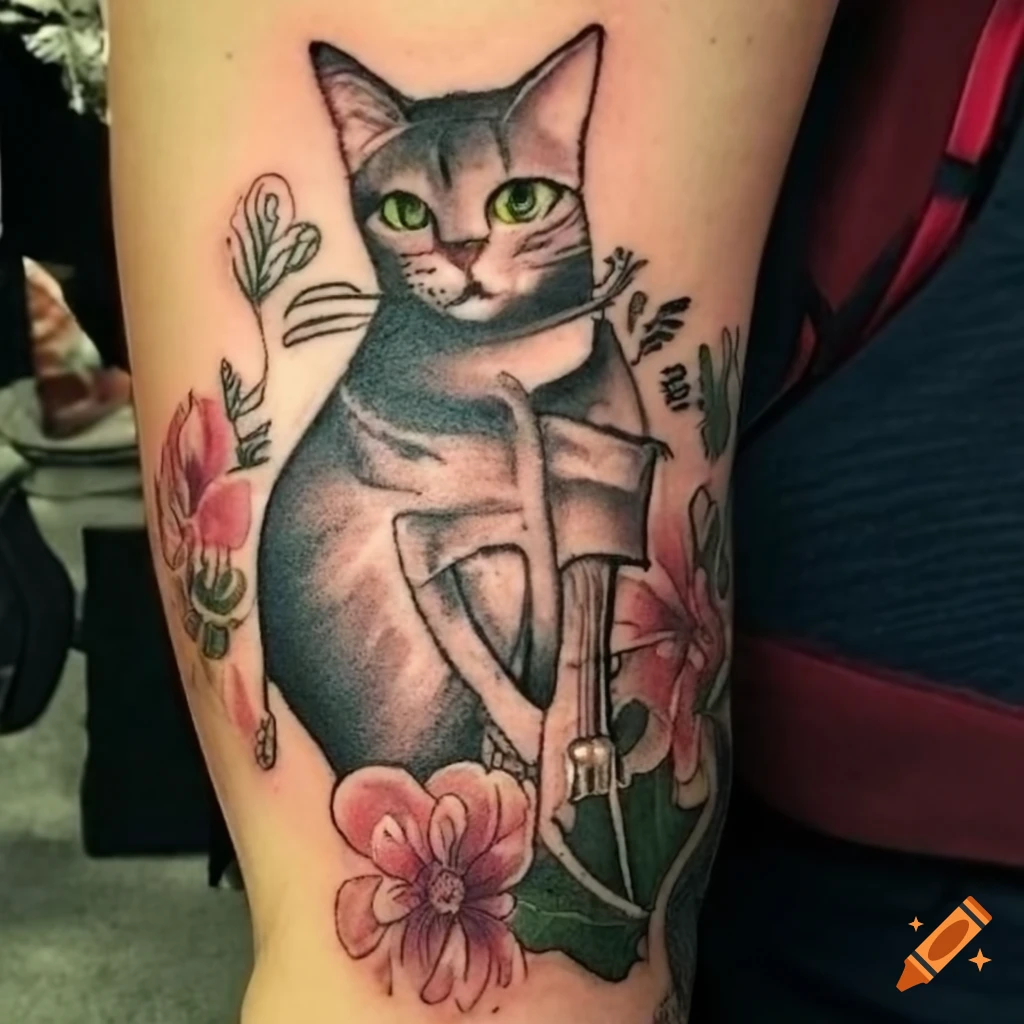 Hip and thigh tattoo with floral themes and hidden symbols like a cat
