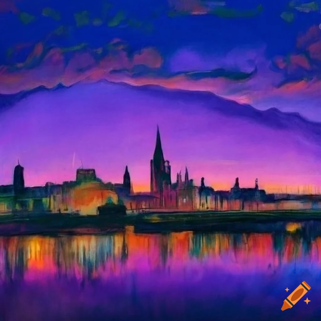 Color pencil drawing of Glasgow City Skyline with Clyde in Foreground at dusk in summer