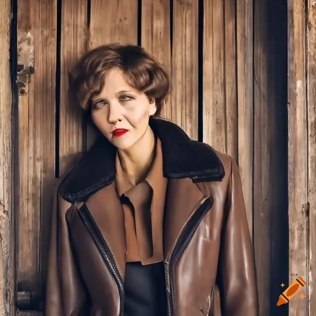 Actress maggie gyllenhaal lookalike in sheepskin bomber jacket standing
