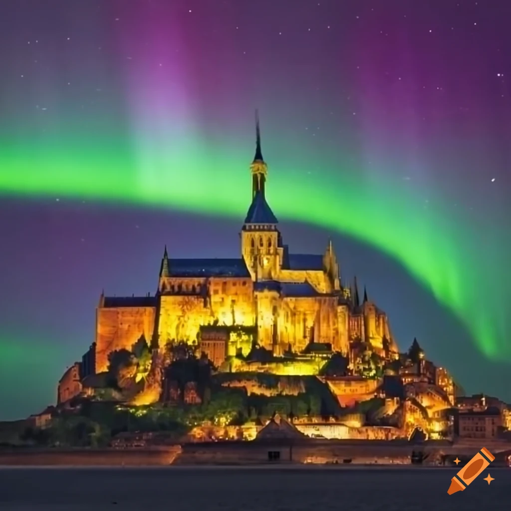 Mont Saint Michel with boreal Aurora at night