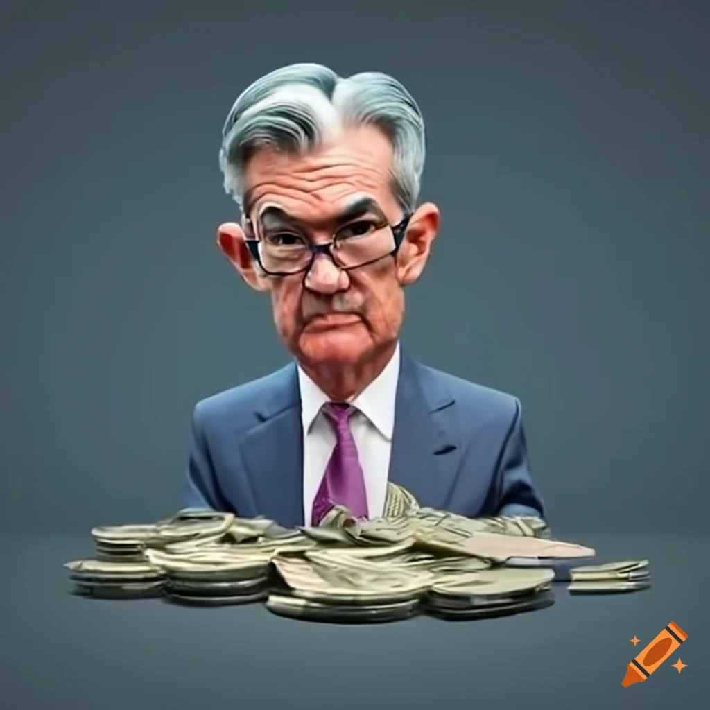 Jerome Powell printing money onto a money pile