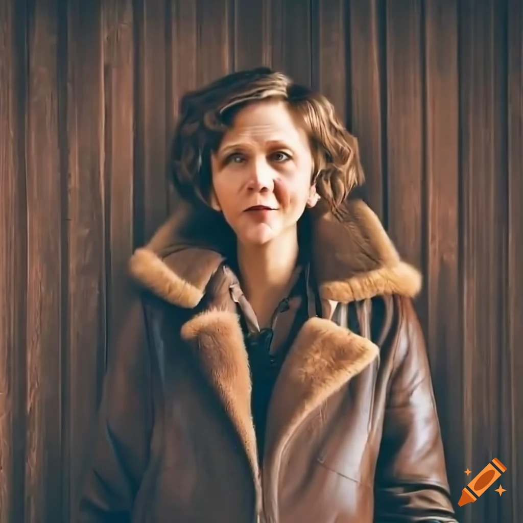 Actress maggie gyllenhaal lookalike in sheepskin bomber jacket standing