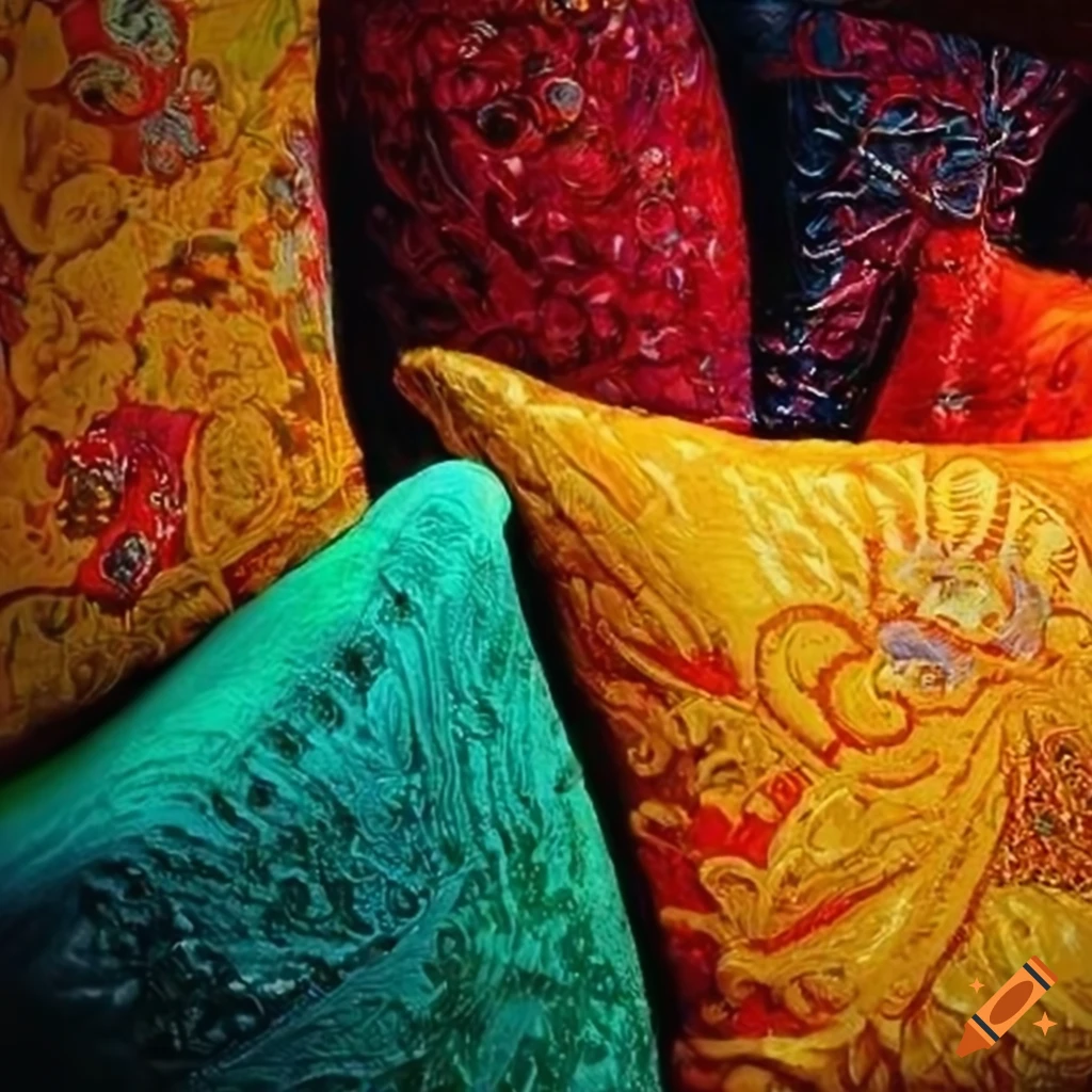 Colorful stack of oriental pillows in photorealistic oil painting