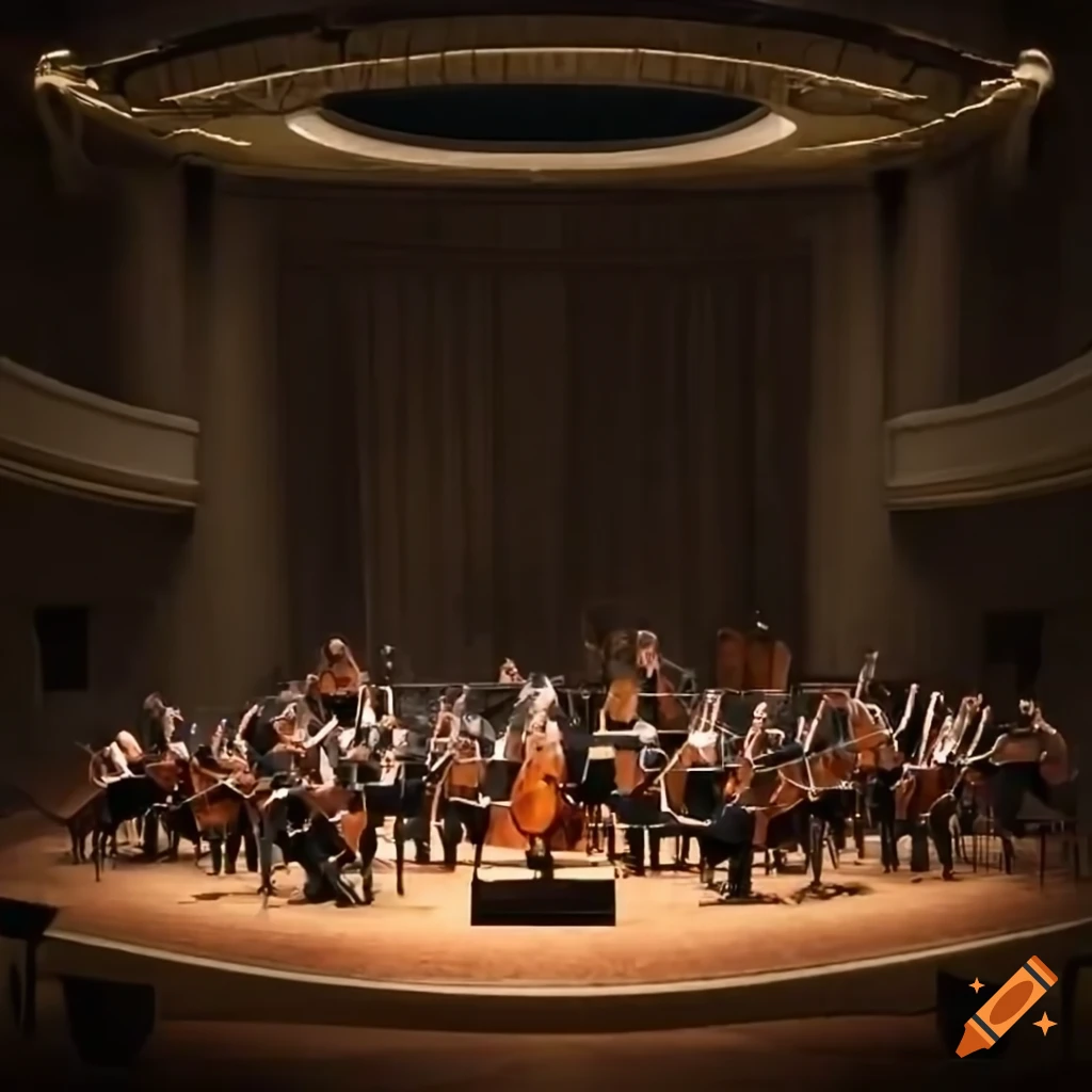Classical orchestra performing in a modern concert hall with audience