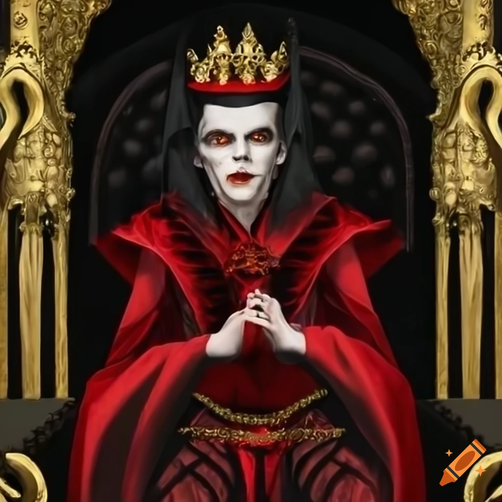 Young handsome vampire in Golden Nosferatu Robes on a throne with a scepter