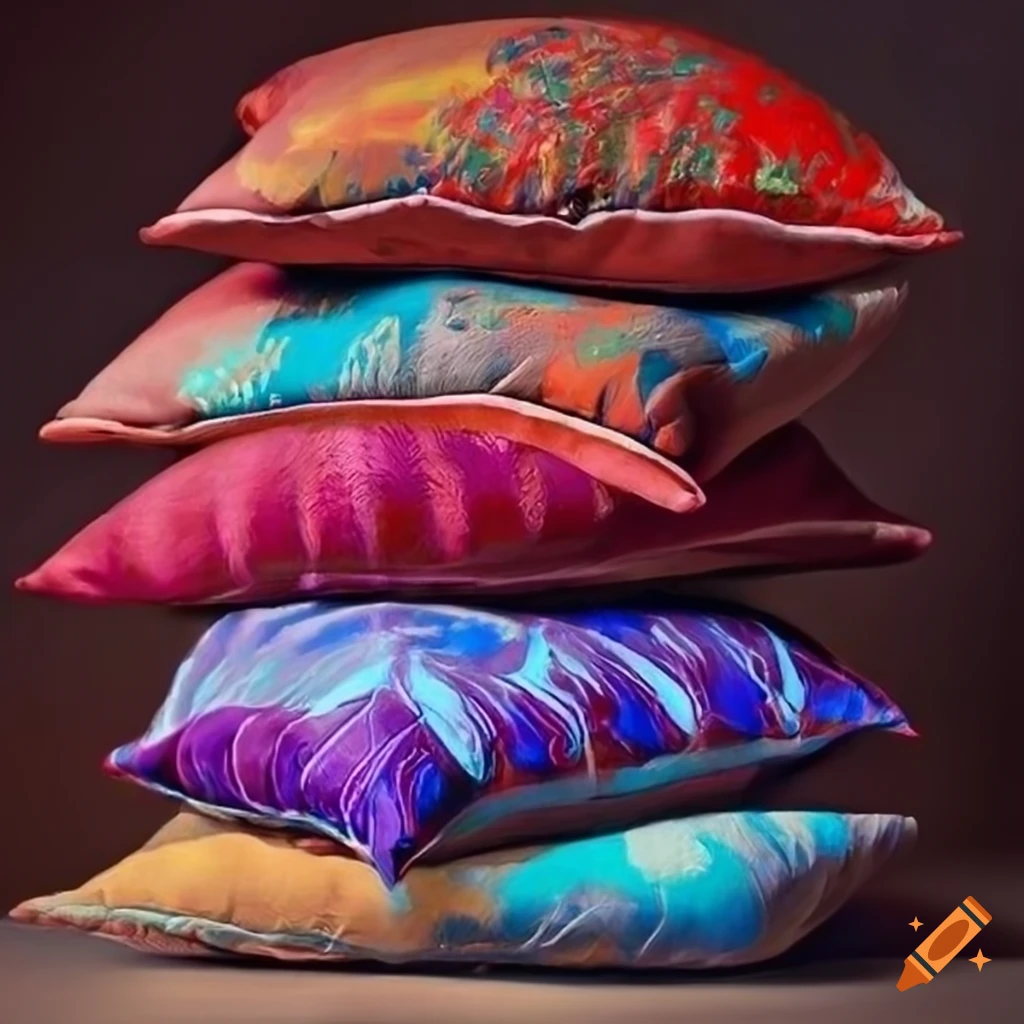 Colorful stack of oriental pillows in photorealistic oil painting