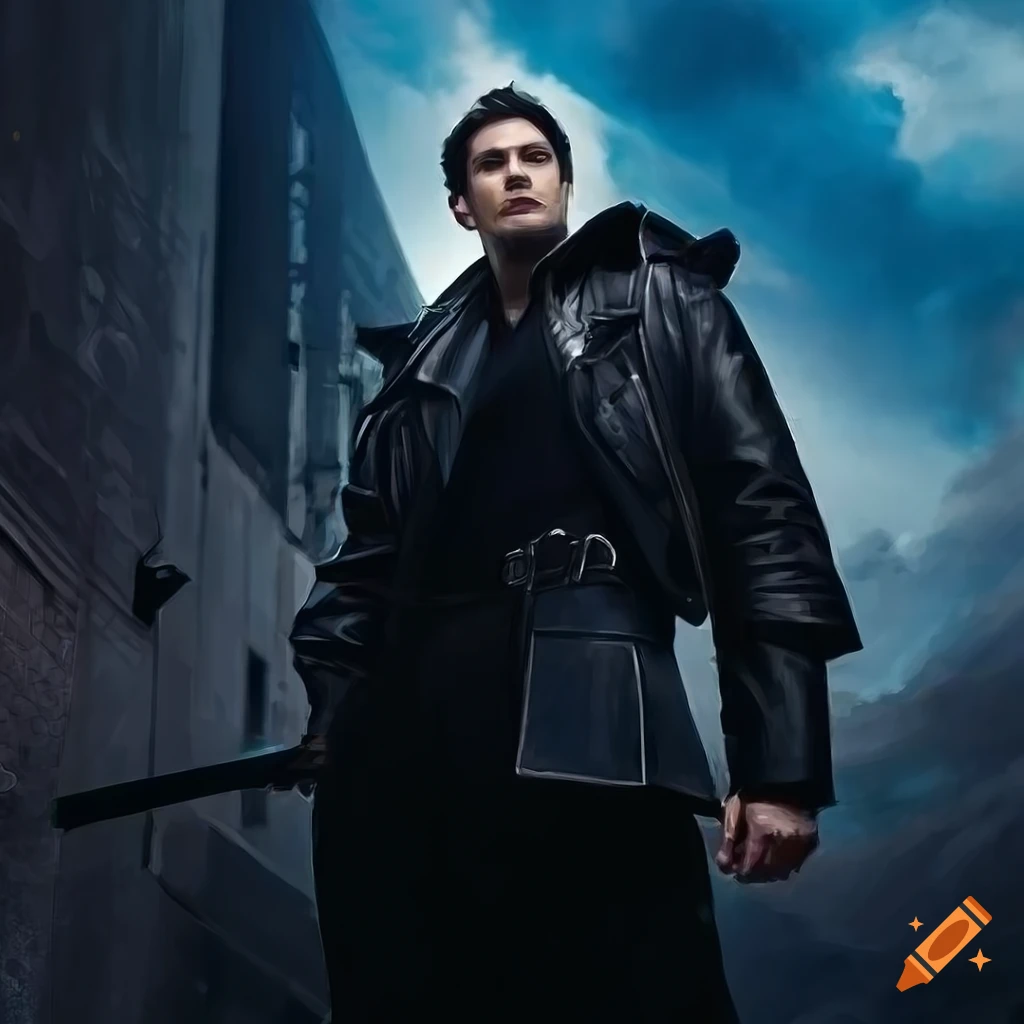 Portrait of a stylish paladin in a black jacket with blue details