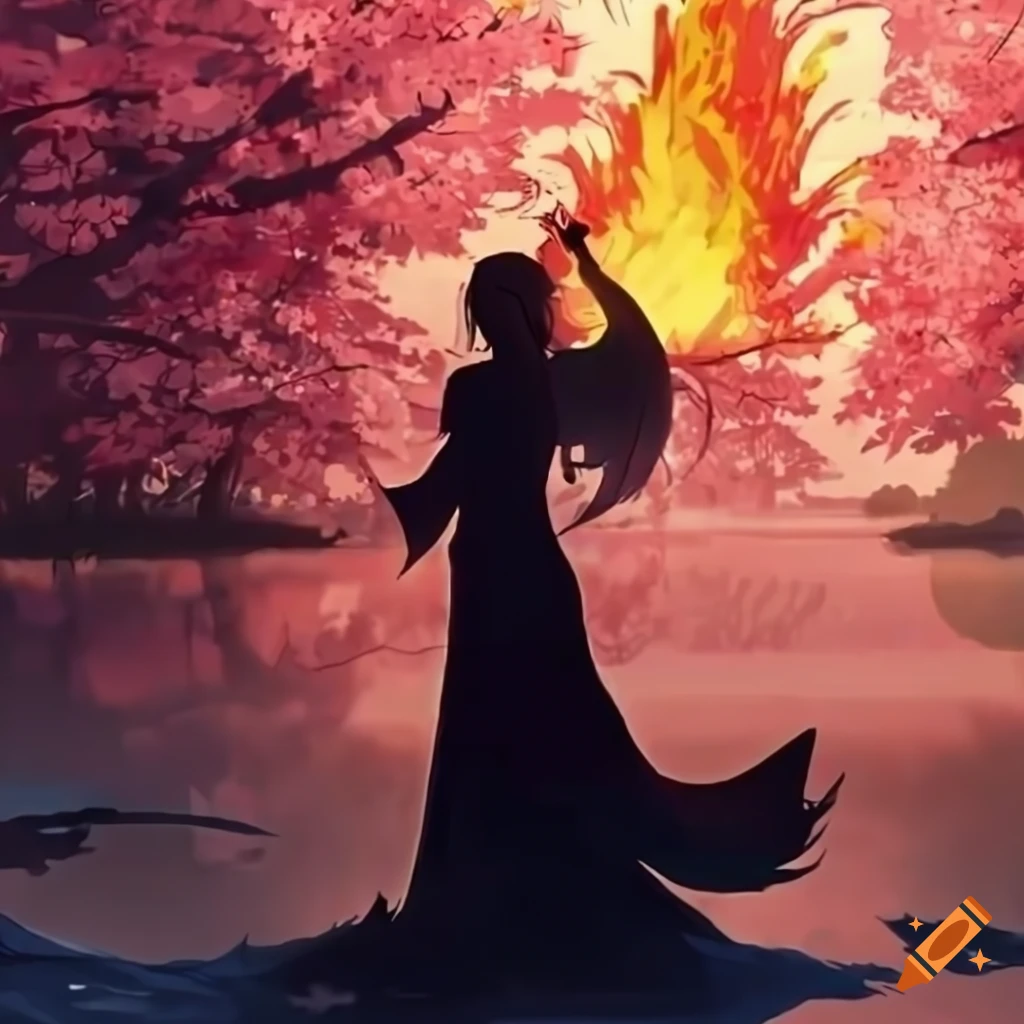 Apocalyptic silhouette of kitsune woman in front of burning sakura tree by a lake in 4k HD
