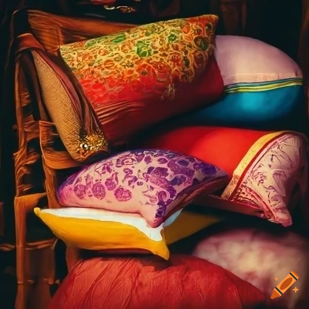 Colorful stack of oriental pillows in photorealistic oil painting