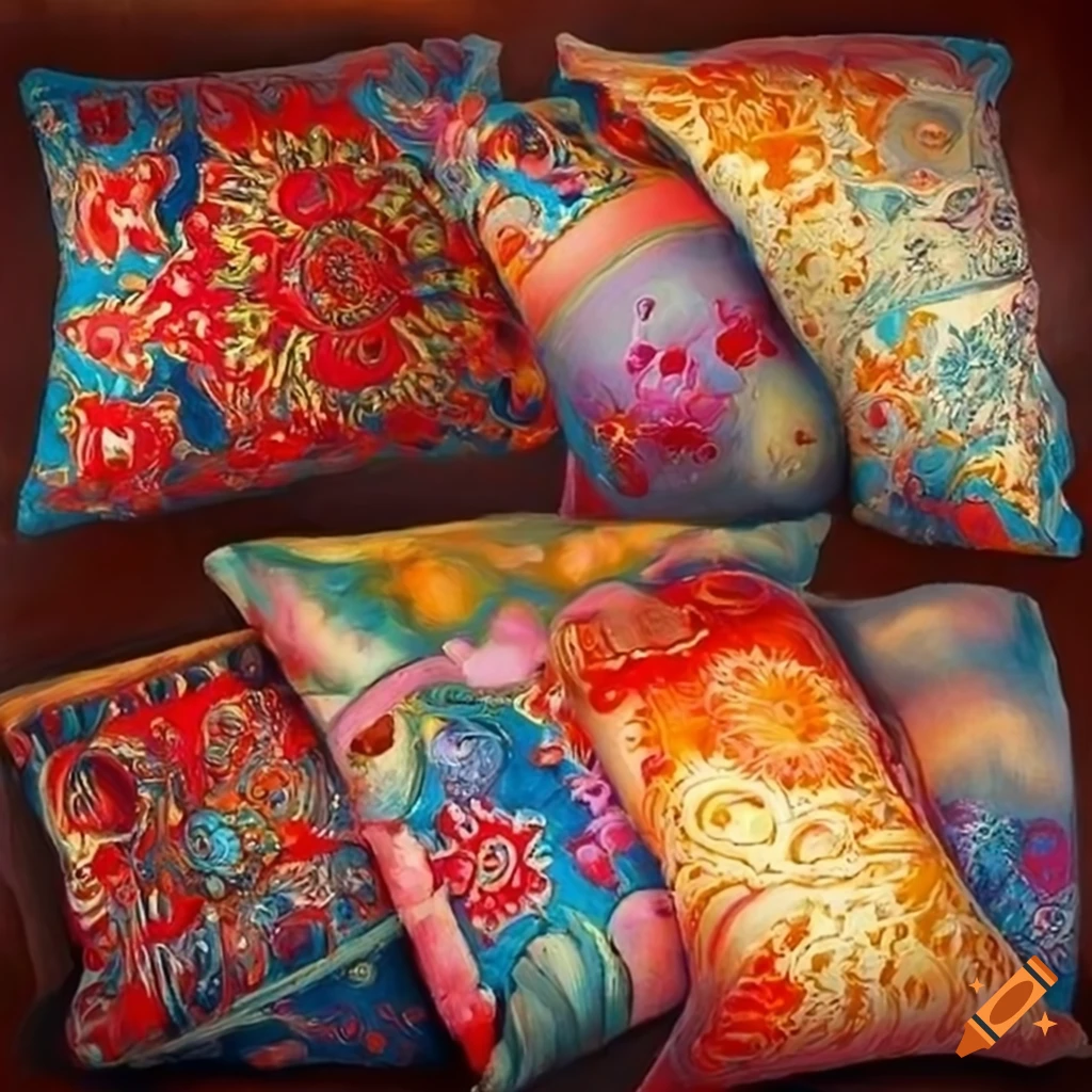 Colorful stack of oriental pillows in photorealistic oil painting