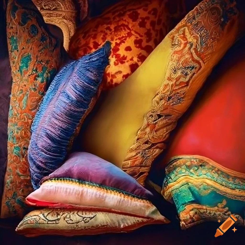 Colorful stack of oriental pillows in an oil painting style