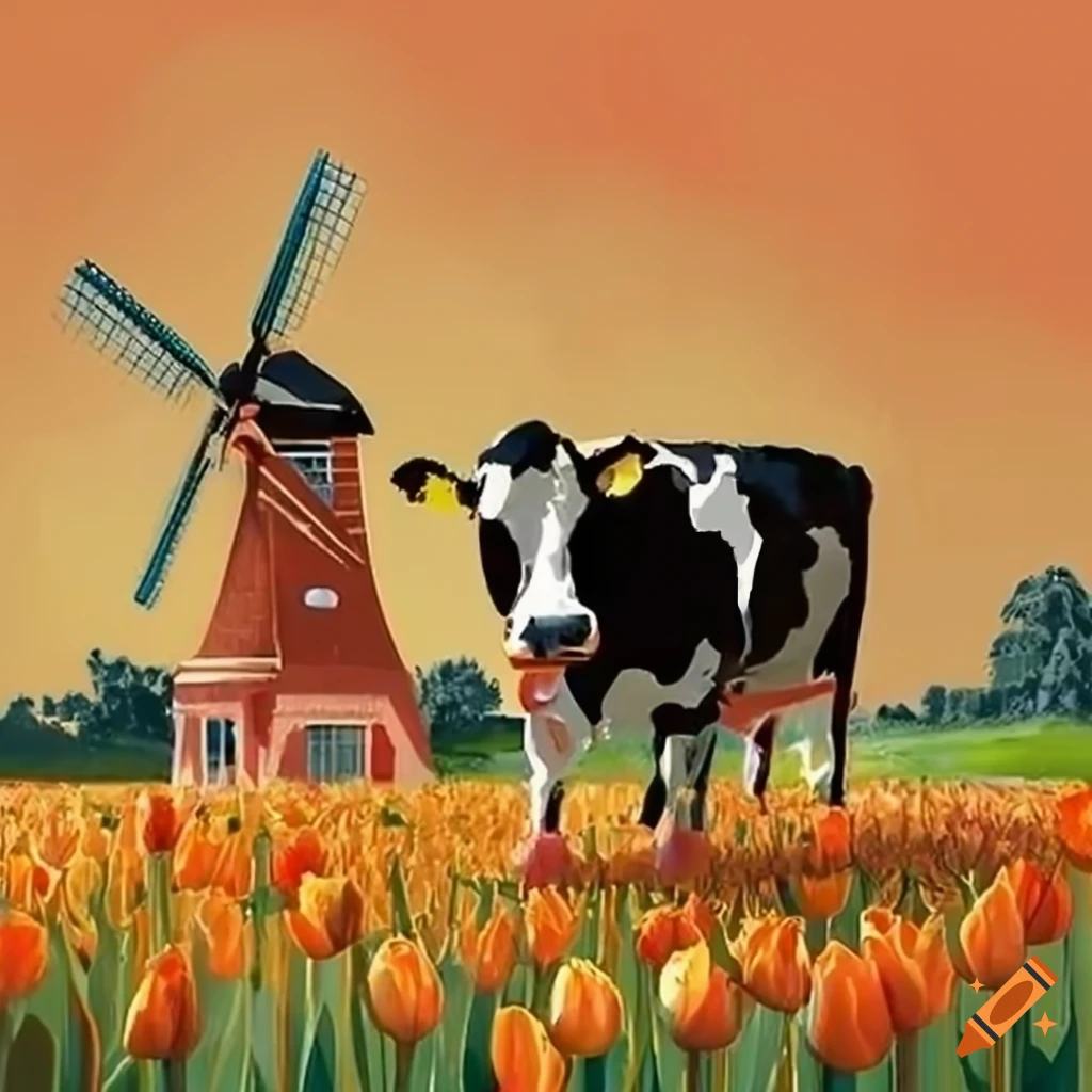 Happy Mother's Day graphic with orange tulips, windmills, cows, and farmland elements