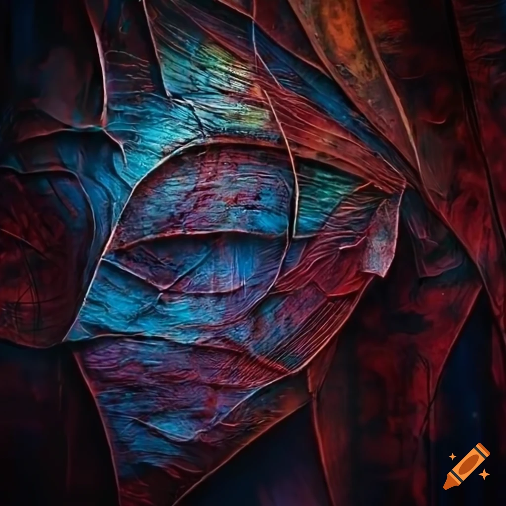 Cold-colored abstract portrait of an unusual leaf creature on scratched wood canvas