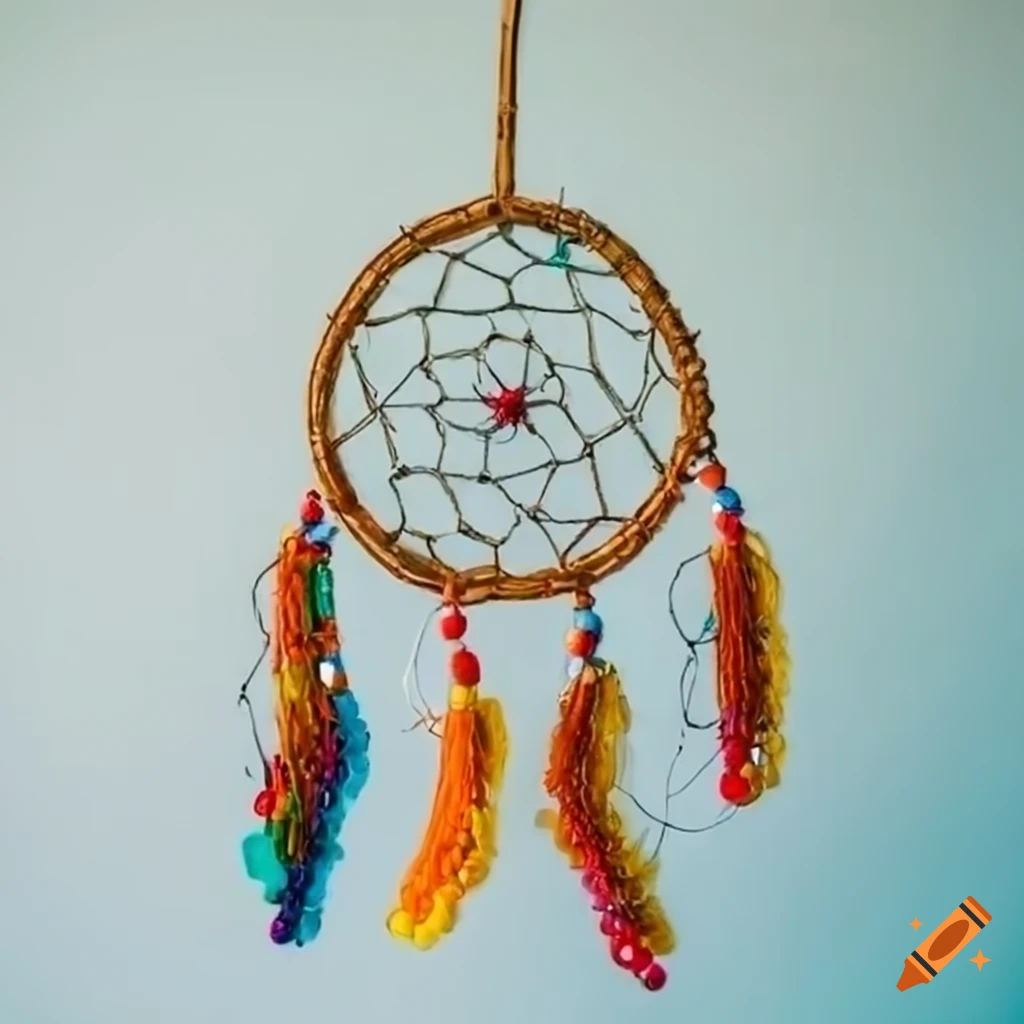 Traditional dreamcatcher with willow hoops and colorful beads on white background